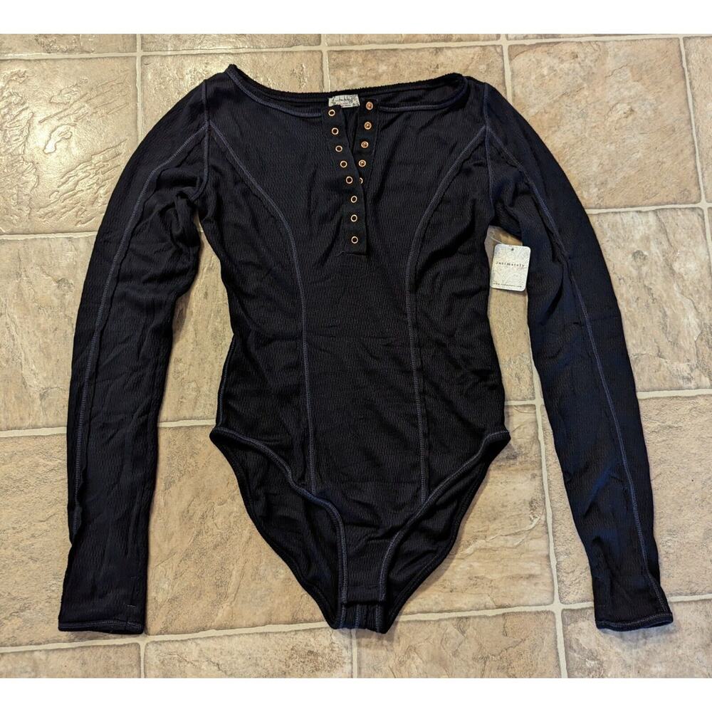 Free People Black Long Sleeve Henley Ribbed Bodysuit